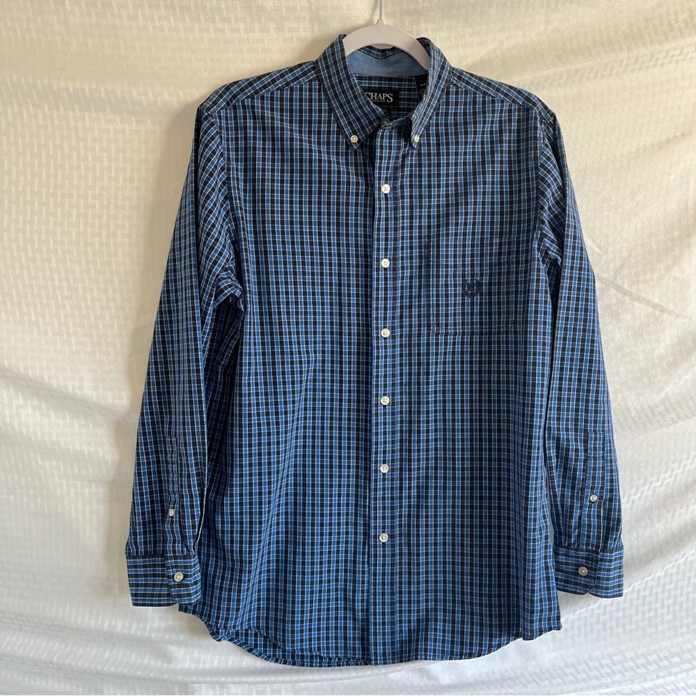 Chaps Easy Care Button Down Long Sleeve Shirt Blue Black Plaid Size Small